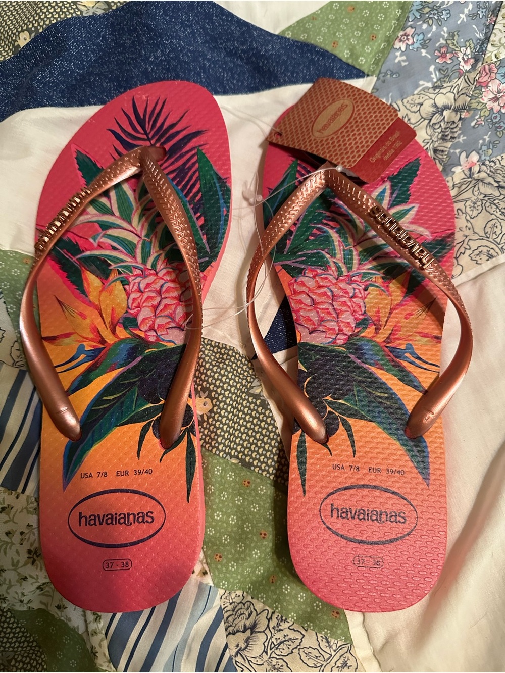 Havaianas Women’s Pink Tropical Flip Flops with Metallic Rose Straps